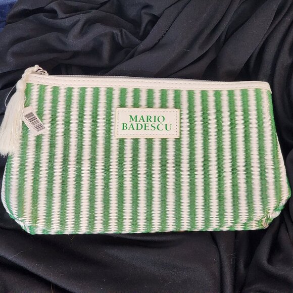 Mario Badescu Handbags - Mario Badescu Green and White Poly Striped Fully Lined Italian Design Makeup Bag